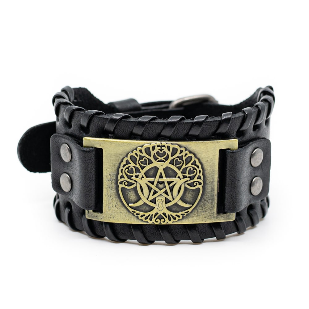 Bracelet Viking Norvégien Arbre de Vie et Pentagramme Immitation Cuir - Réglable