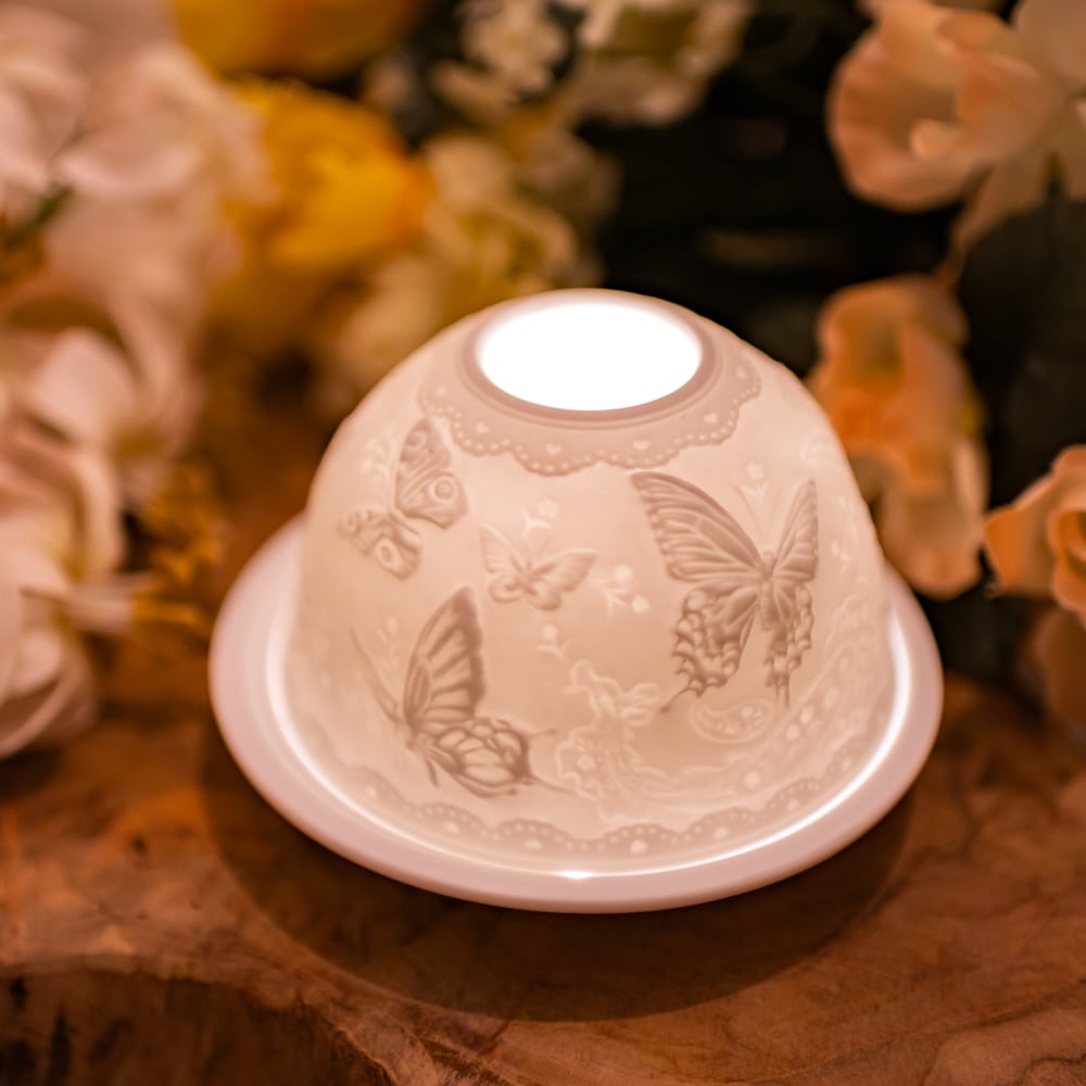 Photophore Dôme Biscuit en Porcelaine – Papillons
