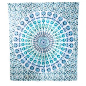 Tapisserie Authentique Mandala en Coton - Bleu/Vert (240 x 210 cm)