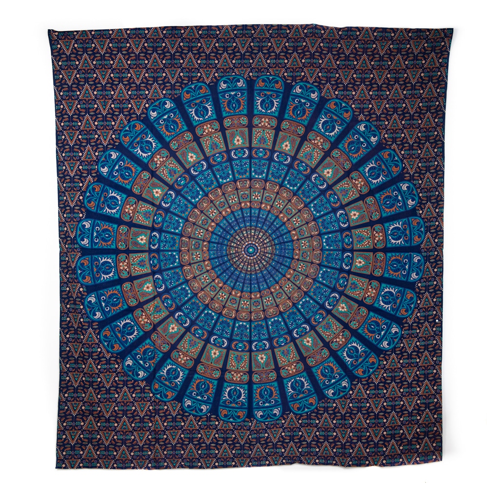Tapisserie Authentique Mandala en Coton - Bleu/Orange (240 x 210 cm)