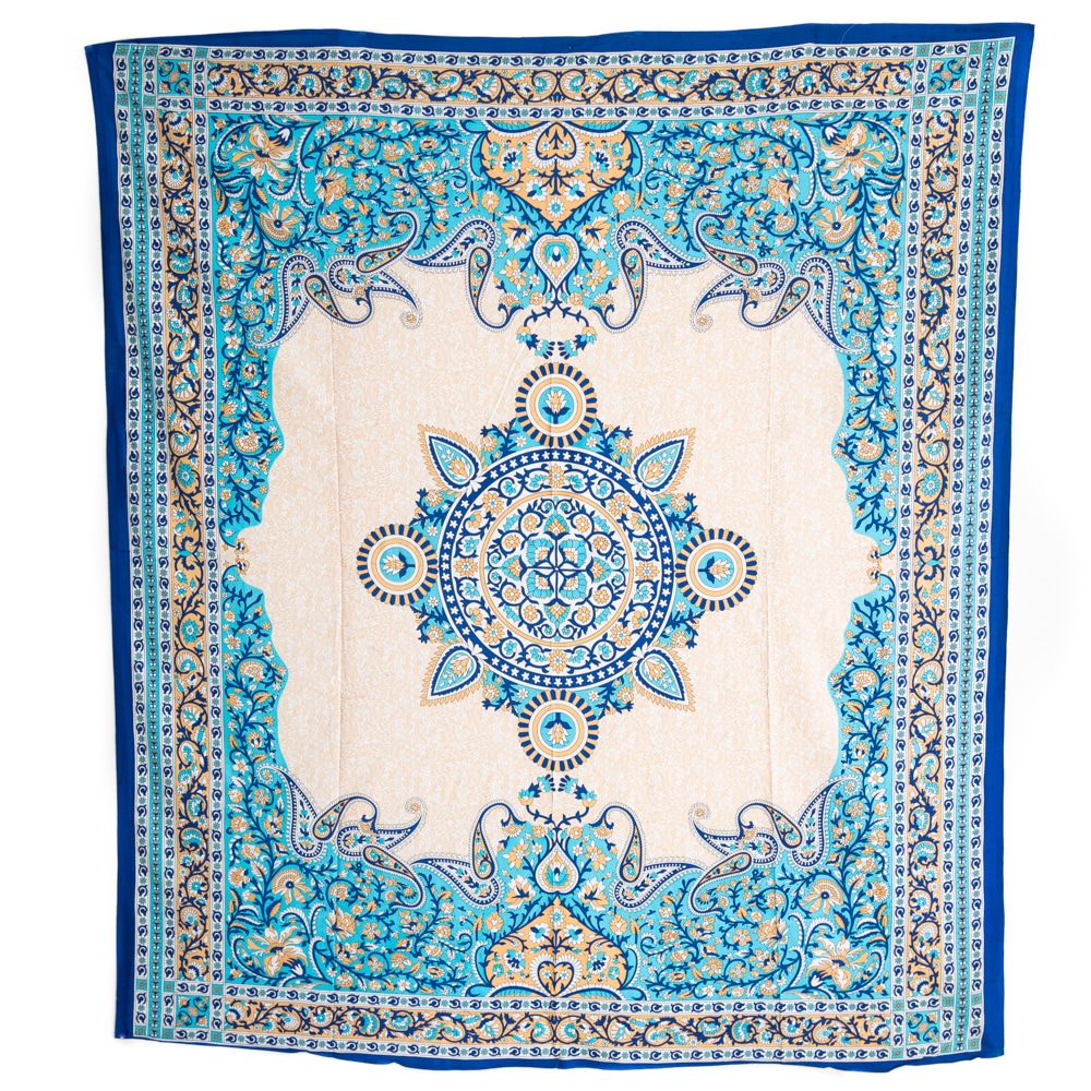 Tapisserie Authentique en Coton Mandala Floral Bleu (240 x 210 cm)