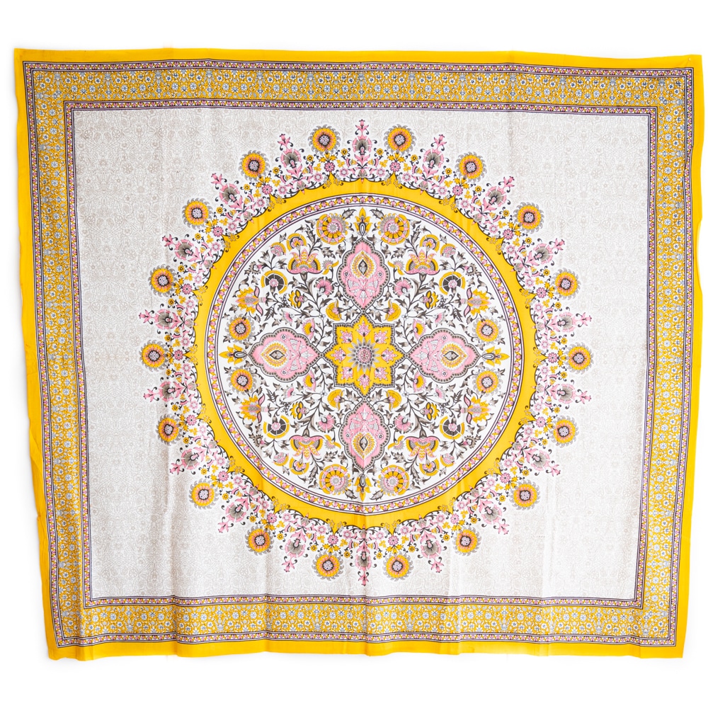 Tapisserie Authentique Mandala Fleurs en Coton - Jaune (240 x 210 cm)