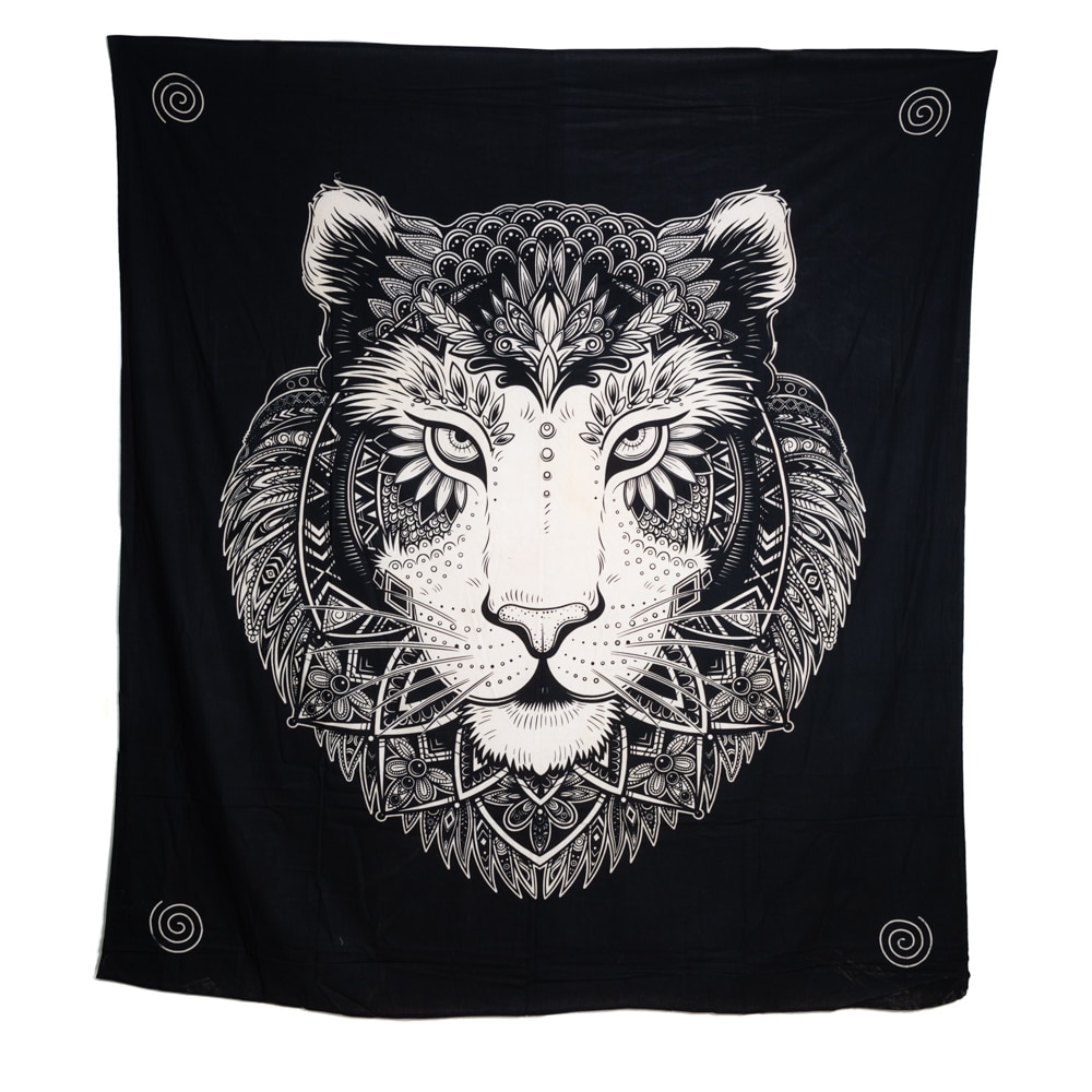 Tapisserie Authentique Lion en Coton - Noir et Blanc (225 x 200 cm)