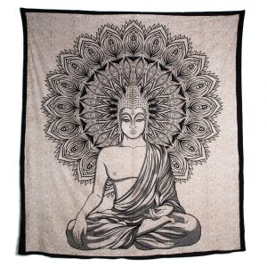 Tapisserie Authentique Bouddha en Coton - Noir et Blanc (230 x 200 cm)