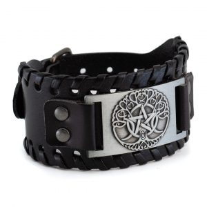 Bracelet Viking Faux Cuir Réglable - Arbre de Vie Norvégien et Pentagramme Couleur Argent