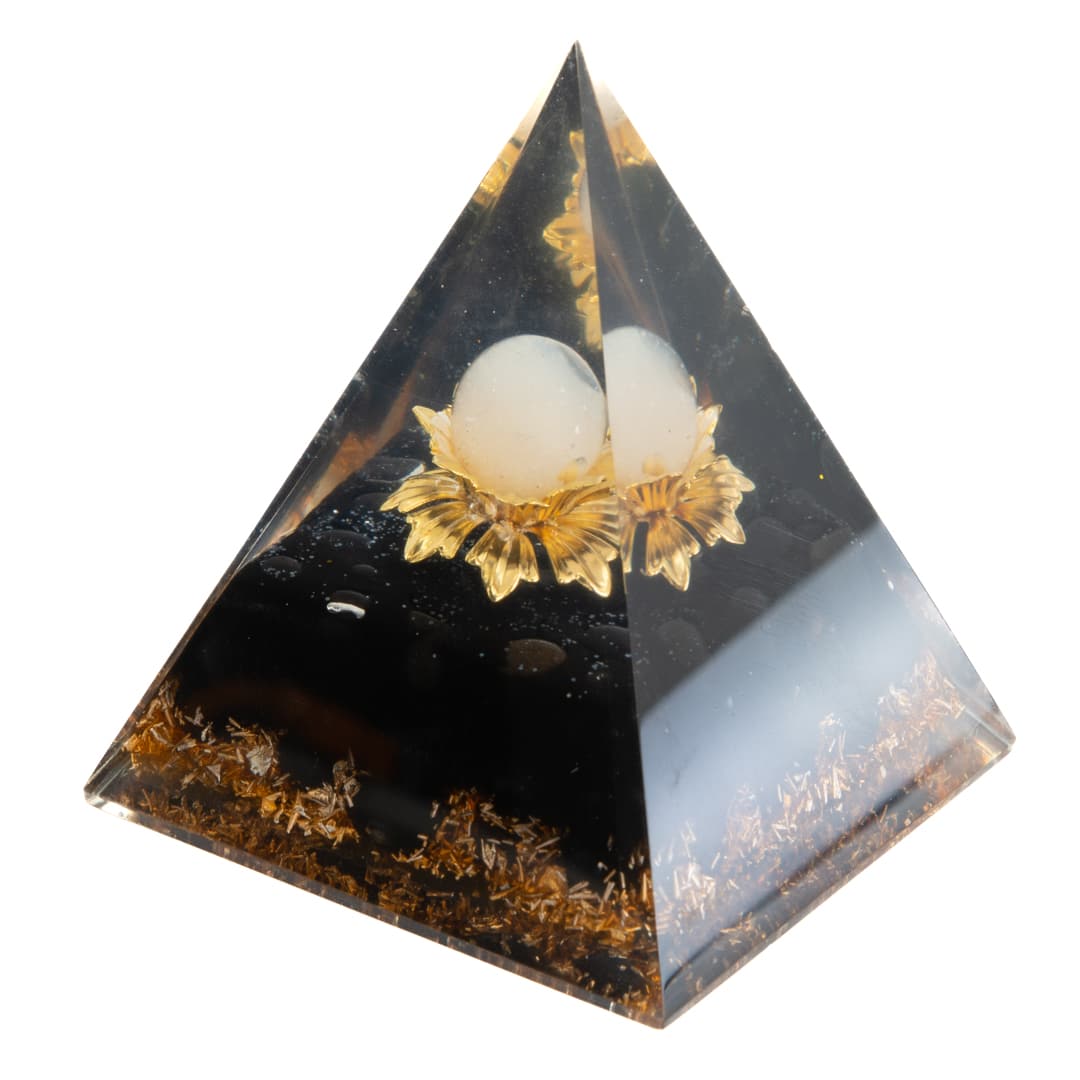 Pyramide Orgonite / Tourmaline Noire - Boule de Quartz dans une Fleur de Lotus (80 mm)