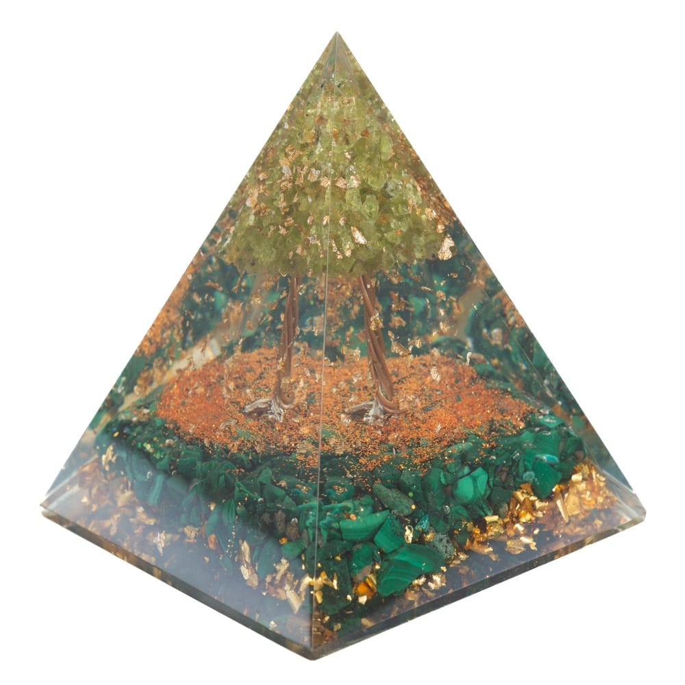 Pyramide Arbre de Pierres Précieuses Orgonite / Malachite / Péridot (80 mm)
