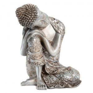 Figurine Bouddha de Thaïlande Endormi sur Genou - Polyrésine Argentée (22 cm)
