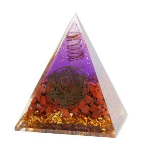Pyramide Orgonite, Cristal de Roche, Améthiste et Jaspe Rouge - Fleur de vie (90 mm)