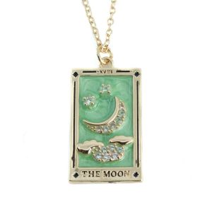 Pendentif Amulette Verte Tarot « La Lune » Métal Doré