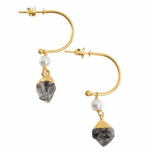Boucles d'Oreilles Diamant Herkimer et Perle - Argent 925 et Plaqué Or (45 mm)