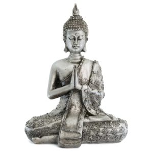 Statuette Bouddha Thaïlandais Pratiquant la Méditation en Polyrésine Grise - 14 x 9 x 20 cm
