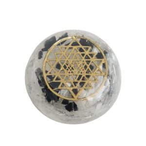 Dôme Orgonite Sélénite et Tourmaline Noire - Mandala « Protection » (68 mm)