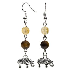 Boucles d'oreilles élégantes en œil de tigre et quartz rutile avec petit éléphant