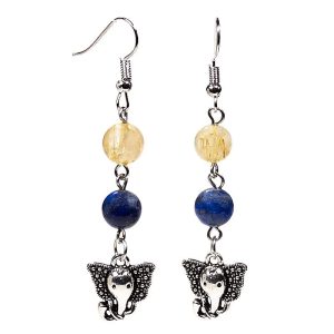 Boucles d'oreilles en Lapis Lazuli et Quartz Rutile avec Pendentif Ganesha