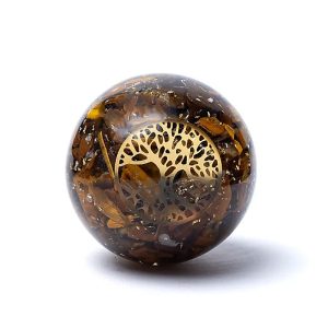 Boule d'orgonite Œil de Tigre avec Symbole de l'Arbre de Vie en provenance d'Inde