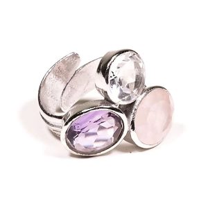 Bague en laiton réglable avec améthyste, cristal de roche et quartz rose