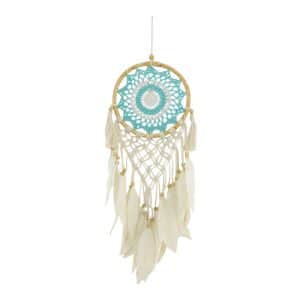 Attrape-rêves turquoise en crochet avec plumes en coton et Sarana