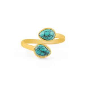 Bague en Or Doré avec Deux Pierres Précieuses Turquoise, Ajustable