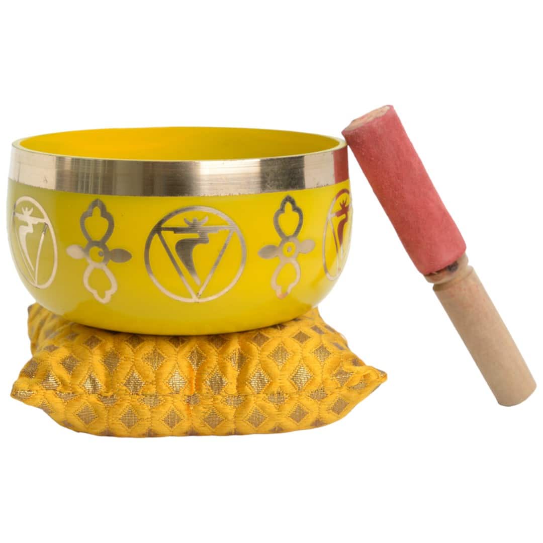 Ensemble de bols chantants chakra avec maillet et coussin - Troisième chakra - Jaune